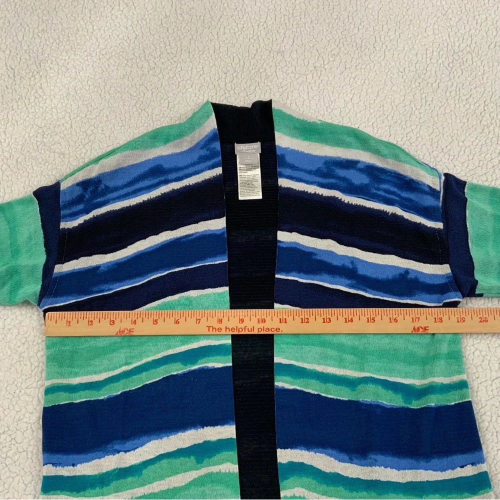 Chico's Striped Open-Front Cardigan in Blue, Teal, Navy